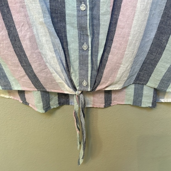 Anthropologie Sanctuary Linen Blend Striped Short Sleeve Tie Front Top, medium - Picture 3 of 7